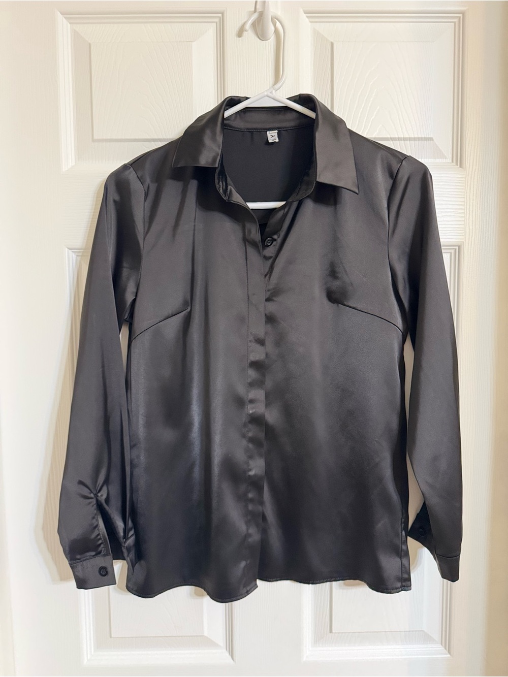 YesStyle Women's Black Satin Button-Down Blouse